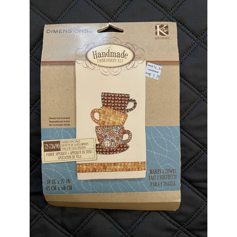 DIMENSIONS Fabric Applique Embroidery Kit Stacked Tea Cups Towel 18X27 72-73690